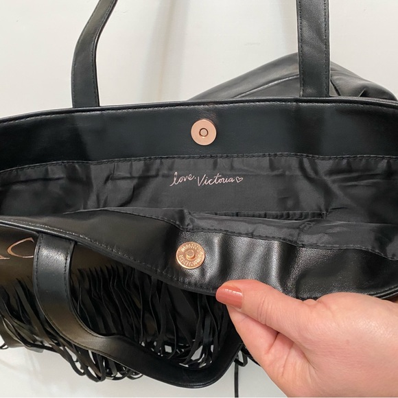 Victoria's Secret Limited Edition Black Faux Leather Bag with Tassels - 17" x16" - Picture 12 of 14